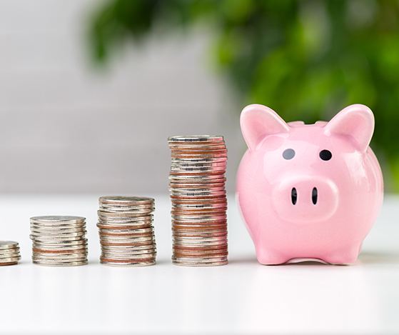 Stacks of coins next to piggy bank